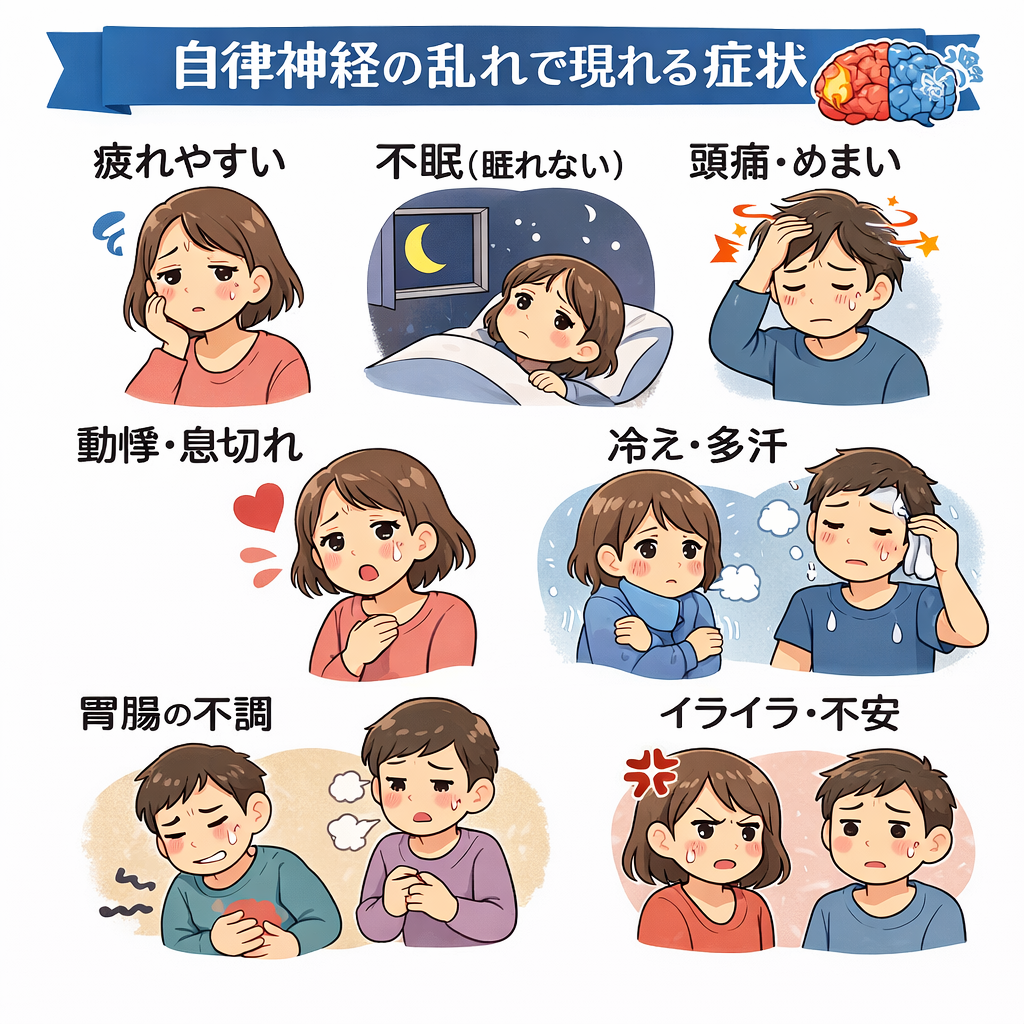疲れ・不眠・めまい・首こり・だるさ・胃腸不調などは自律神経の乱れが原因の場合があります。